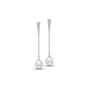 18KT WHITE GOLD 9-9.5MM PEARL DROP EARRINGS SET WITH DIAMONDS