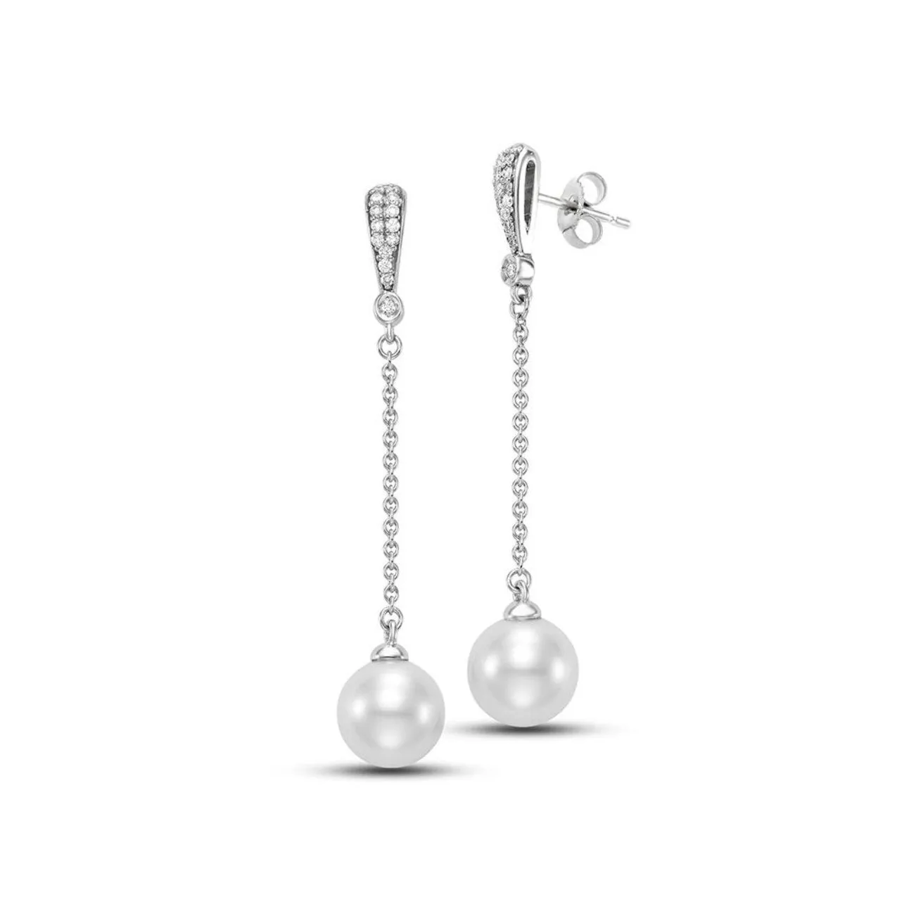 18KT WHITE GOLD 9-9.5MM PEARL DROP EARRINGS SET WITH DIAMONDS