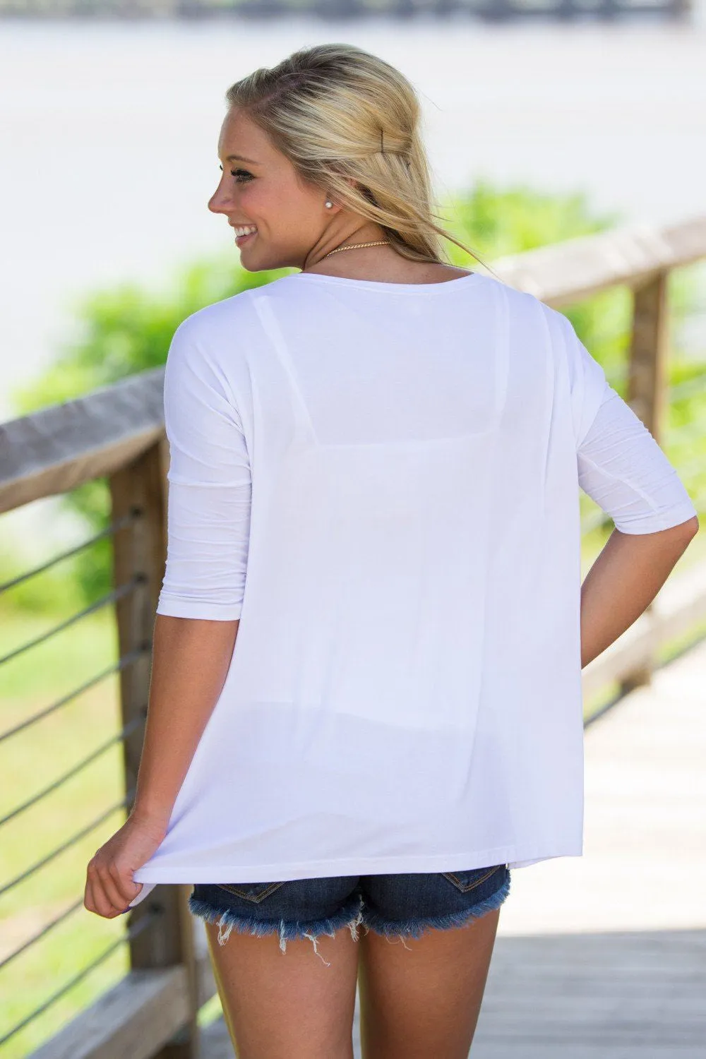 3/4 Sleeve Piko Top - White