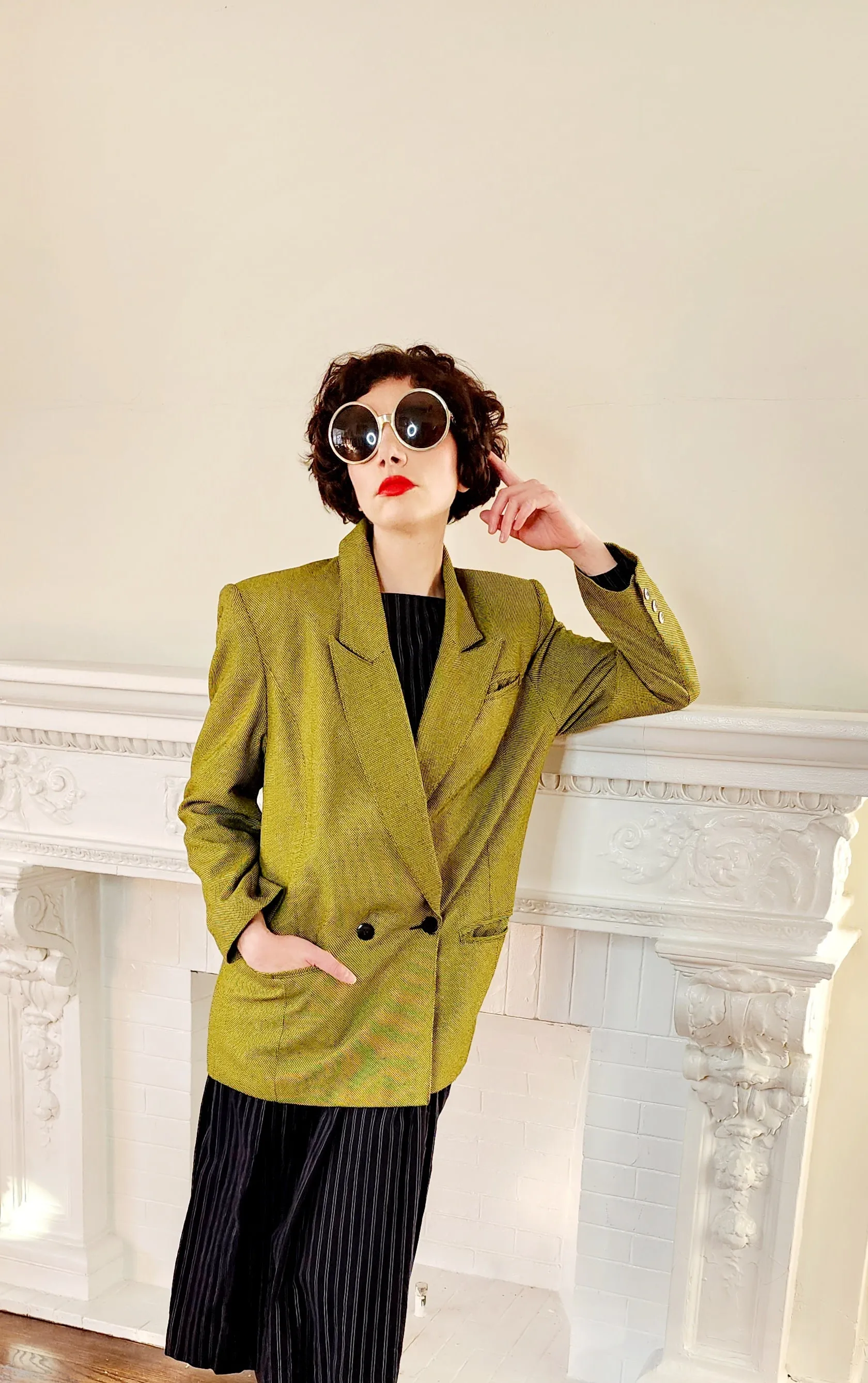 80s Acid Green Blazer with Big Shoulders, Oversized by Together M/L
