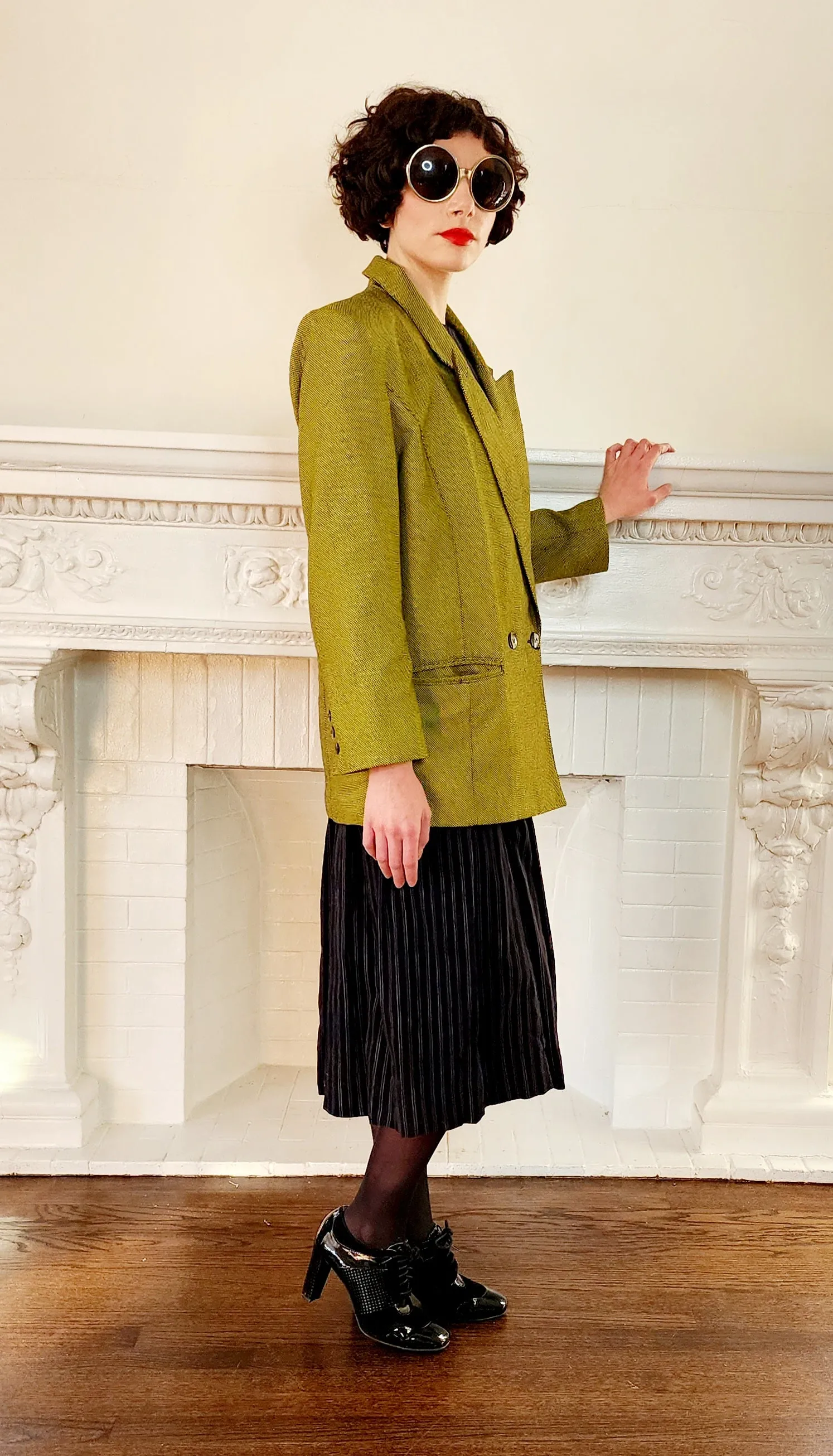 80s Acid Green Blazer with Big Shoulders, Oversized by Together M/L