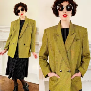 80s Acid Green Blazer with Big Shoulders, Oversized by Together M/L