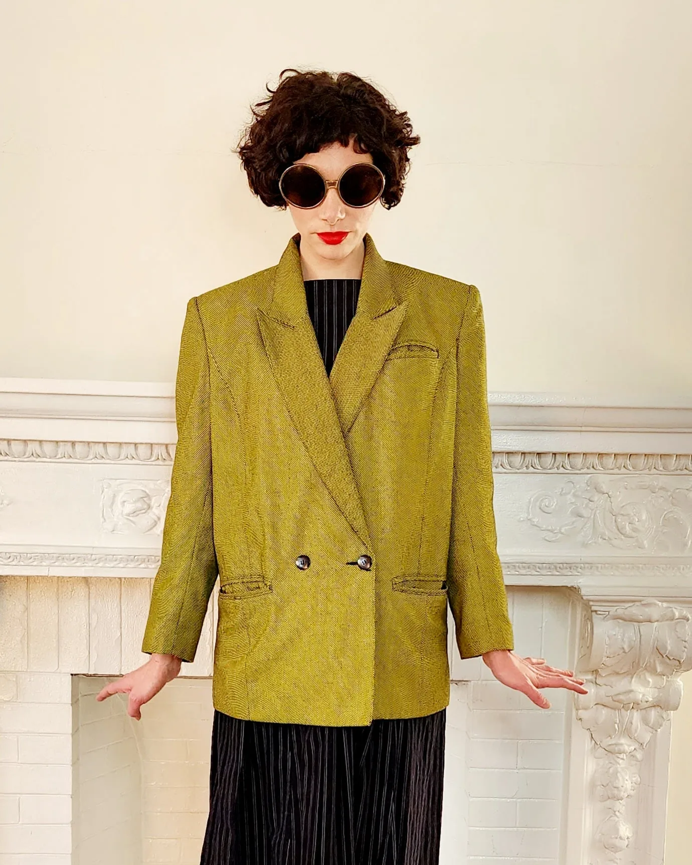 80s Acid Green Blazer with Big Shoulders, Oversized by Together M/L