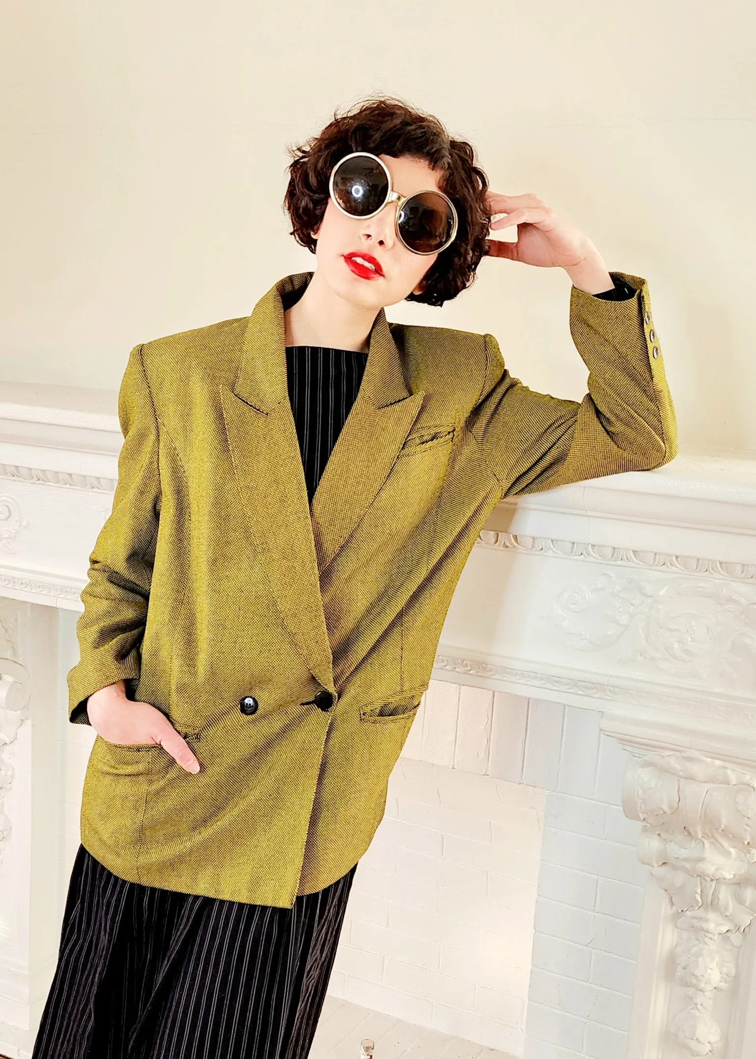 80s Acid Green Blazer with Big Shoulders, Oversized by Together M/L