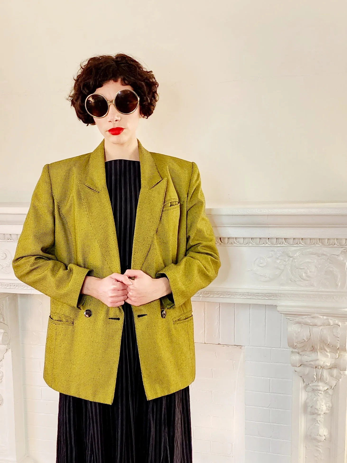 80s Acid Green Blazer with Big Shoulders, Oversized by Together M/L