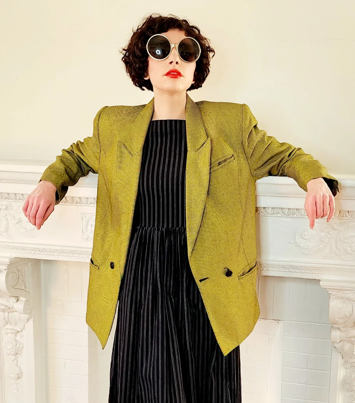 80s Acid Green Blazer with Big Shoulders, Oversized by Together M/L