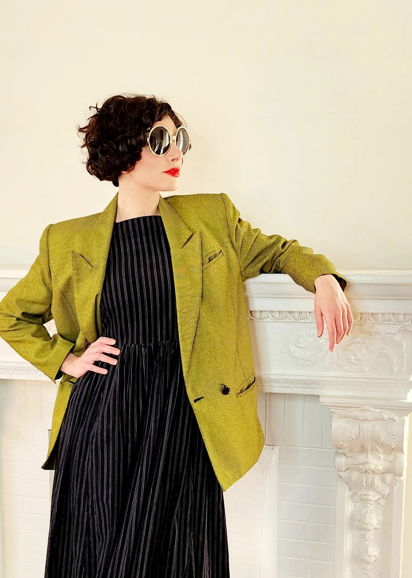 80s Acid Green Blazer with Big Shoulders, Oversized by Together M/L