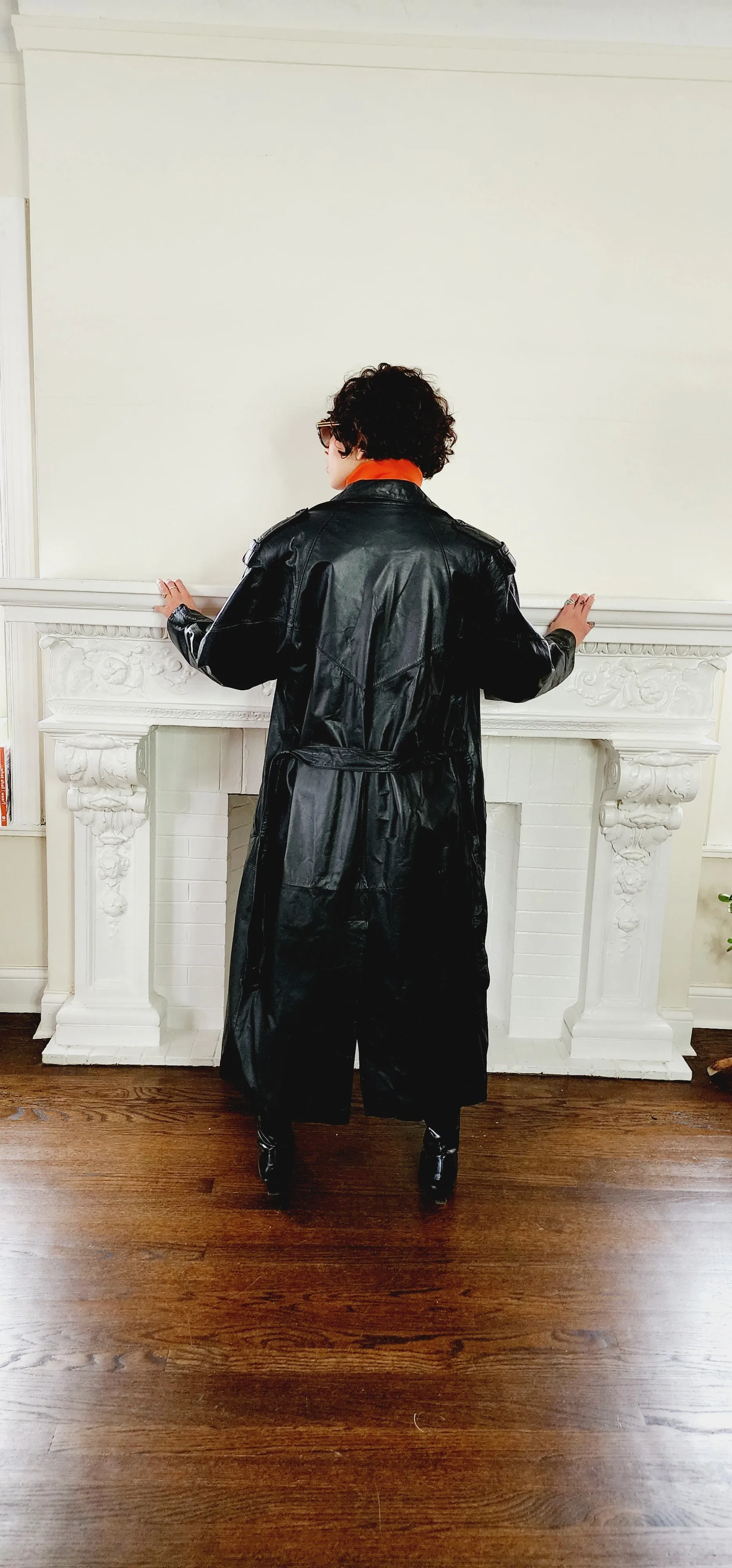 80s Black Leather Coat with Matching Belt Long by Spiegel M