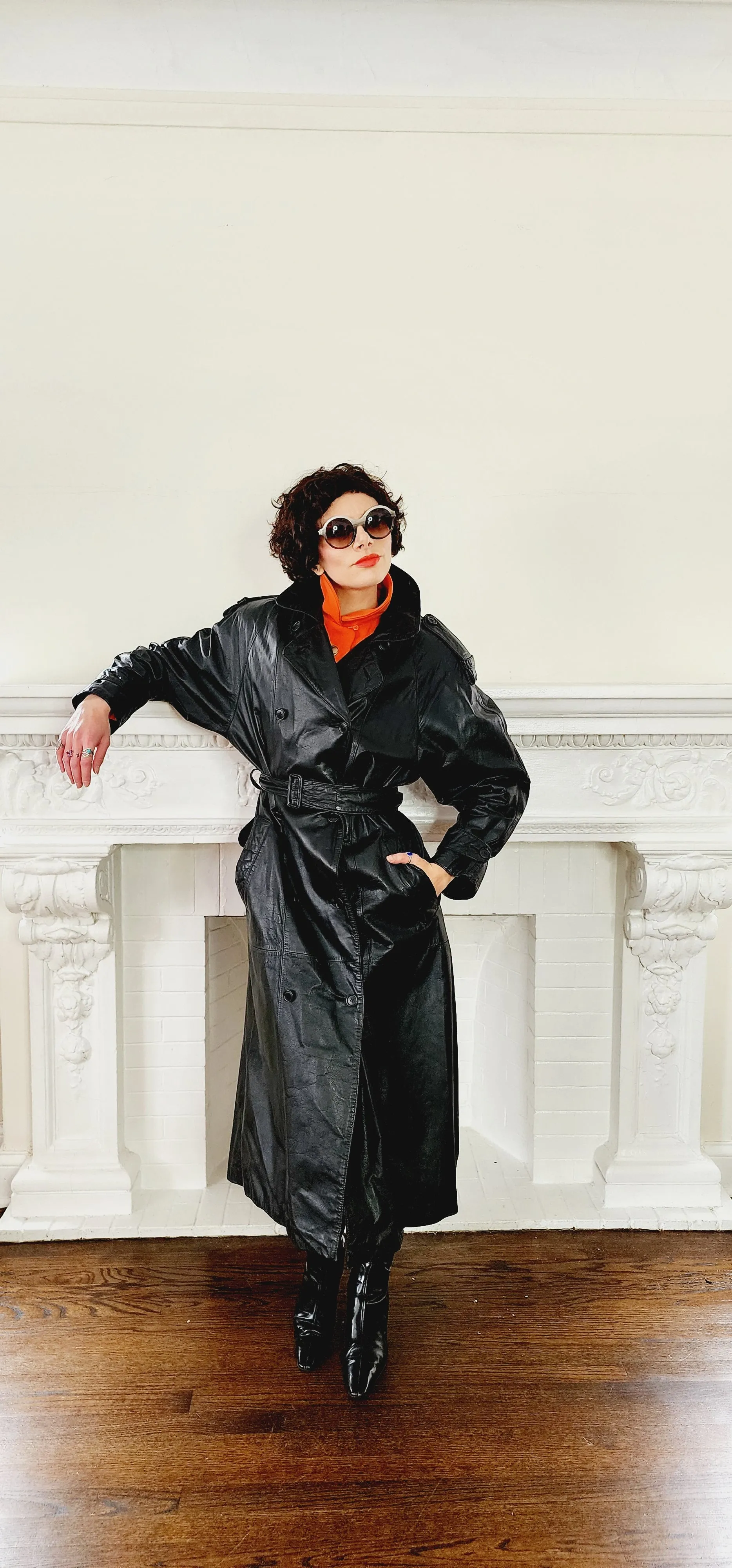 80s Black Leather Coat with Matching Belt Long by Spiegel M