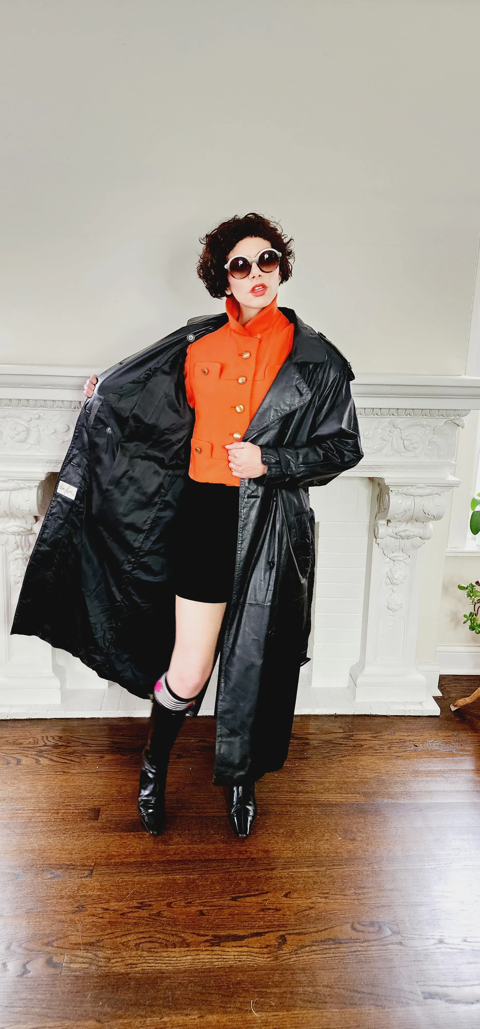 80s Black Leather Coat with Matching Belt Long by Spiegel M