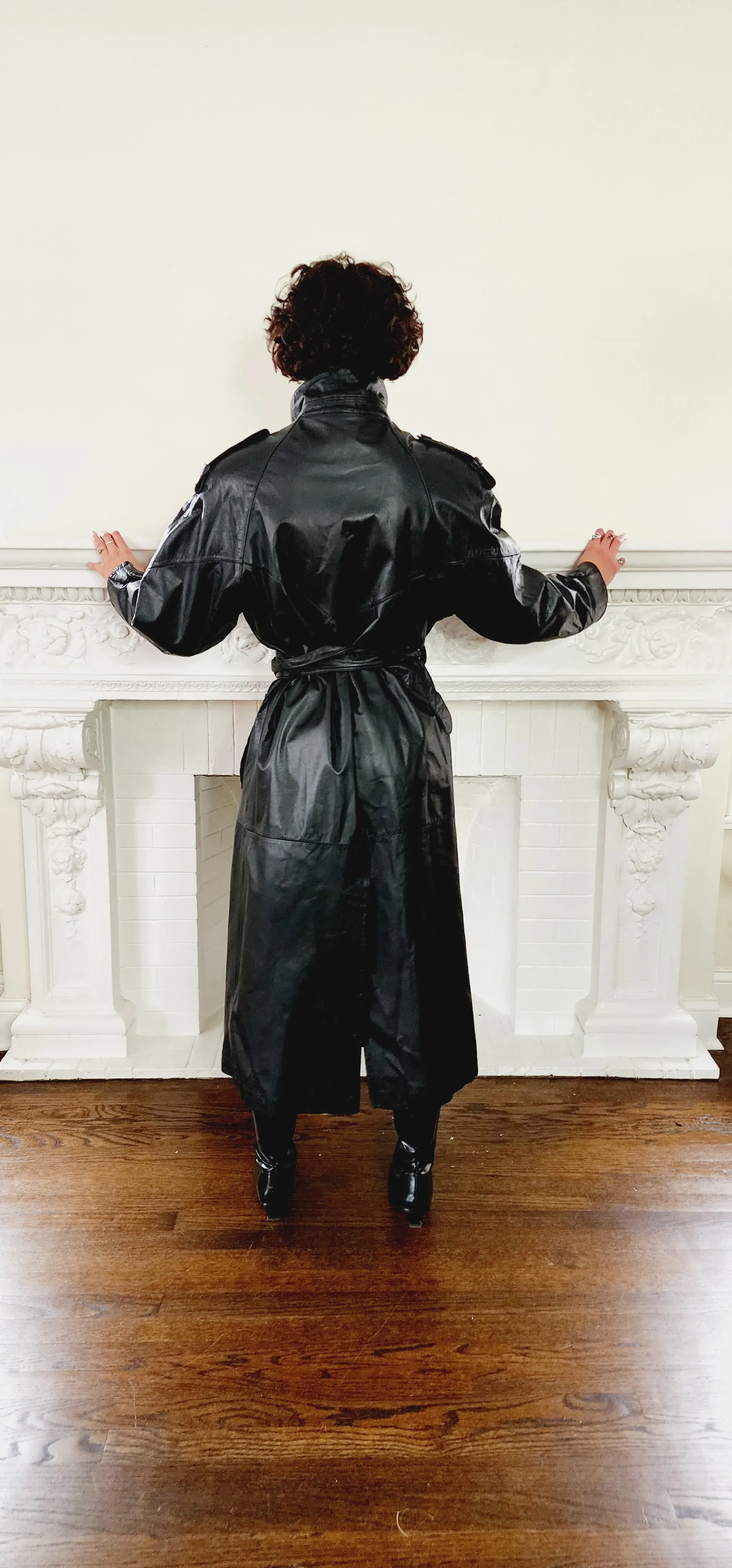 80s Black Leather Coat with Matching Belt Long by Spiegel M