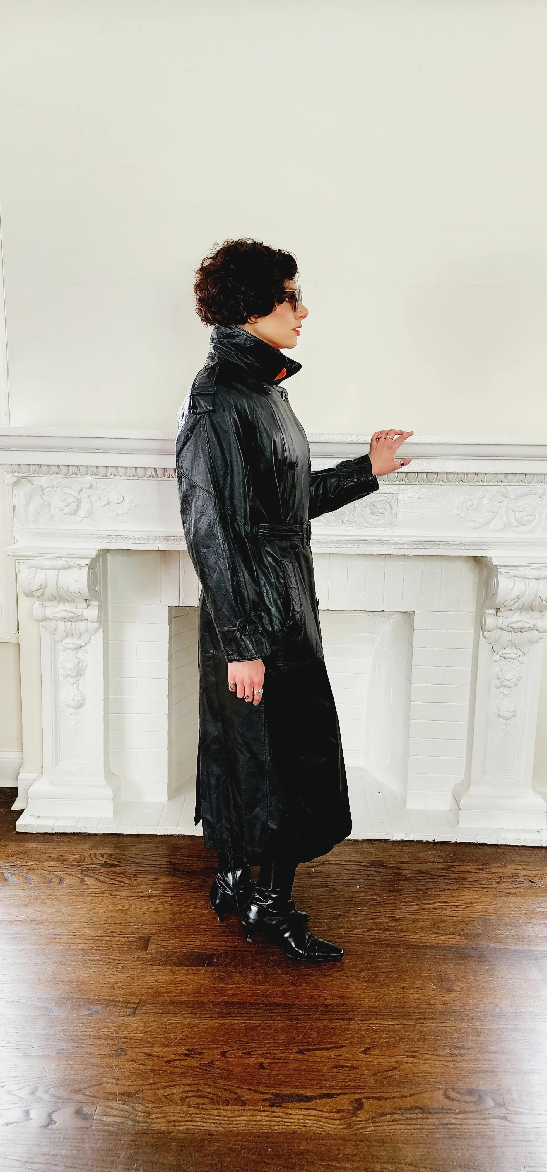 80s Black Leather Coat with Matching Belt Long by Spiegel M