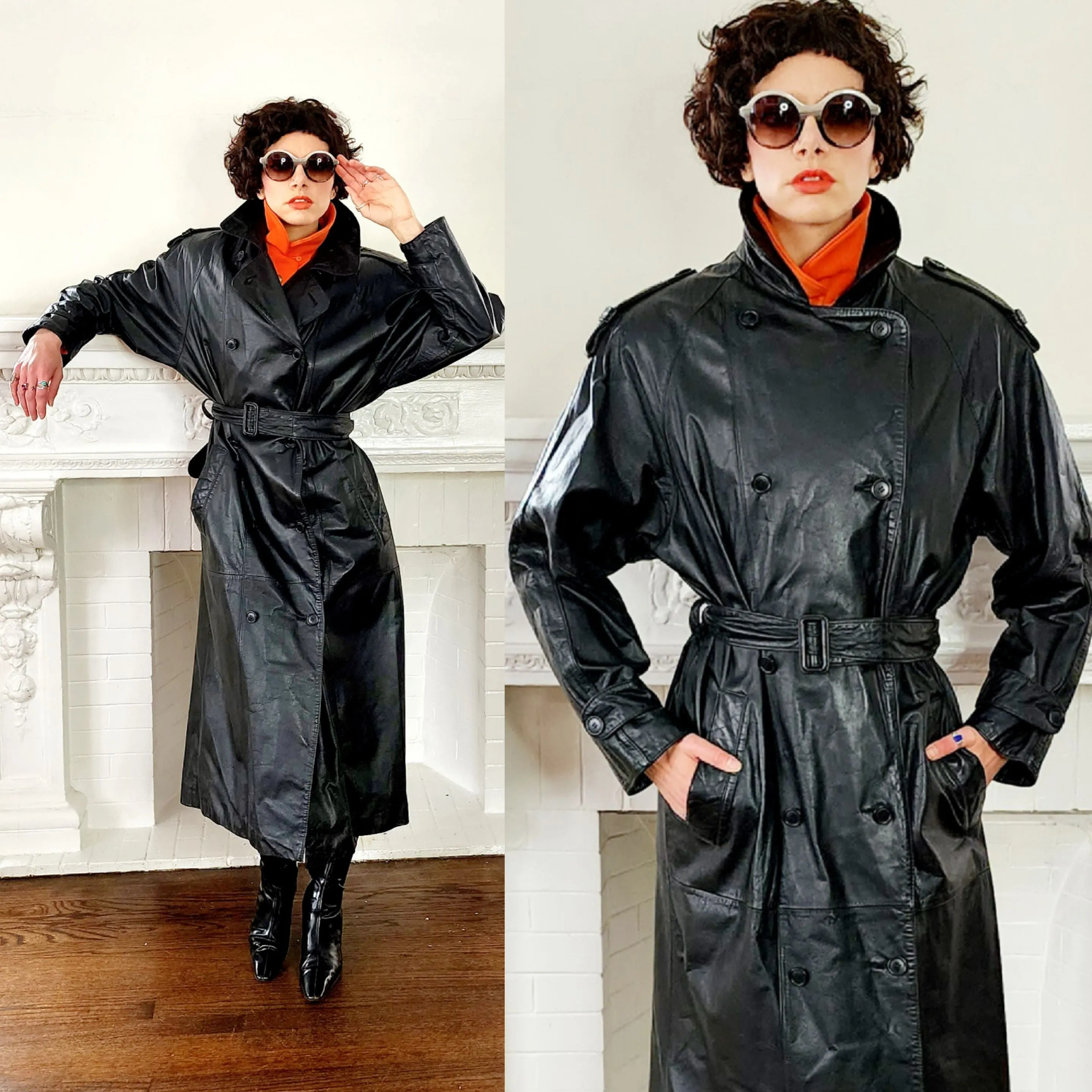 80s Black Leather Coat with Matching Belt Long by Spiegel M