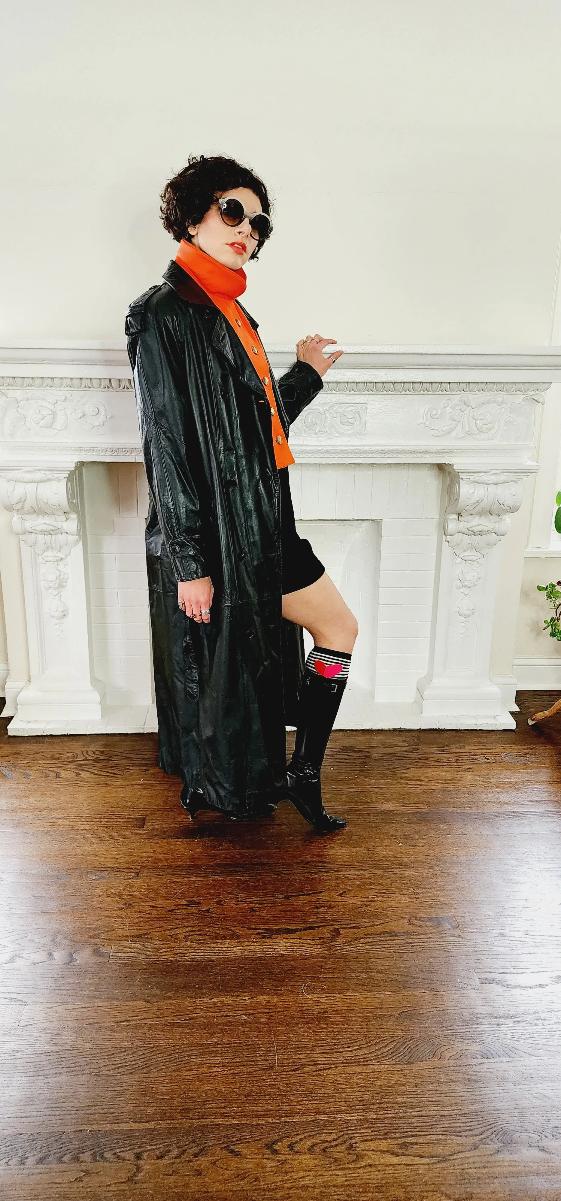80s Black Leather Coat with Matching Belt Long by Spiegel M