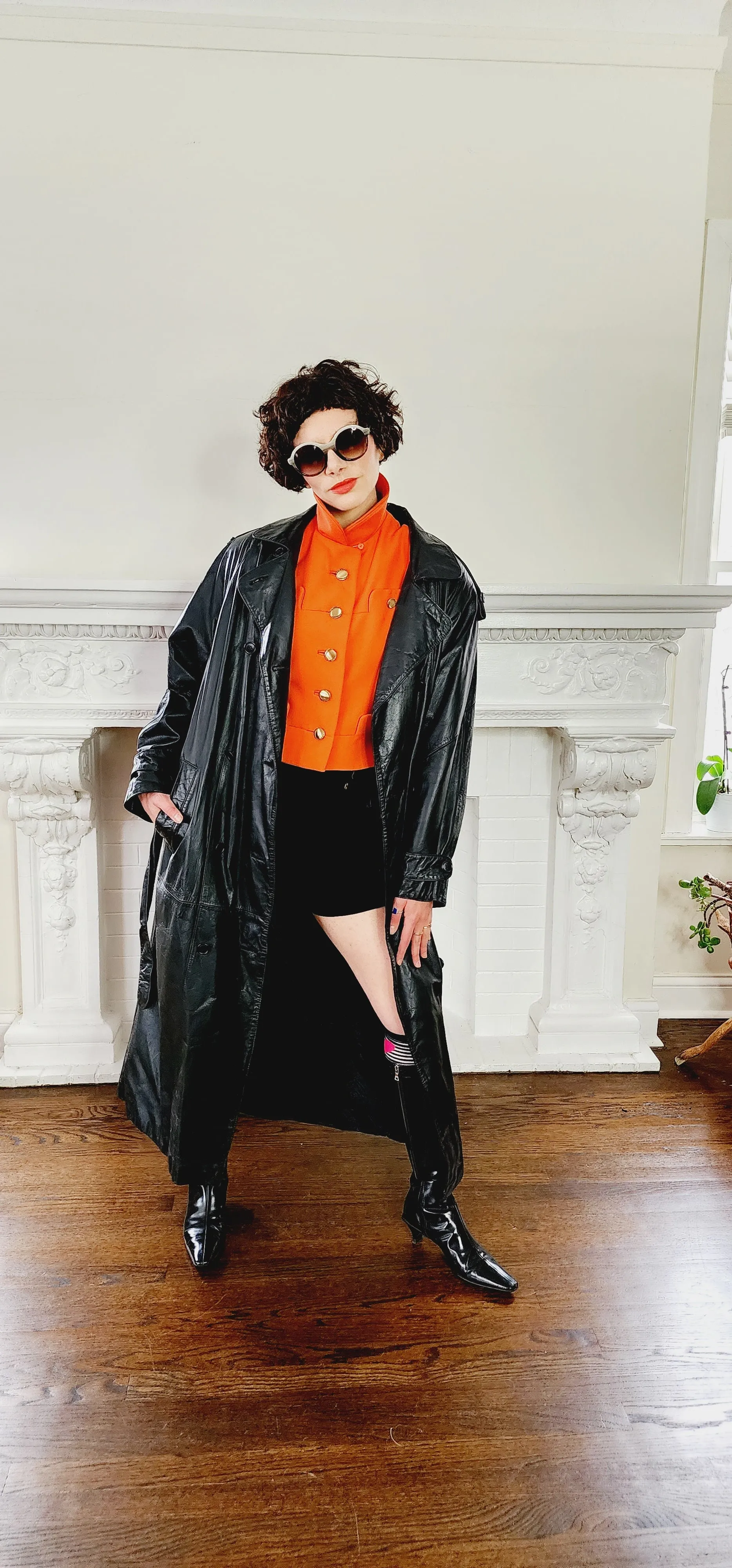 80s Black Leather Coat with Matching Belt Long by Spiegel M