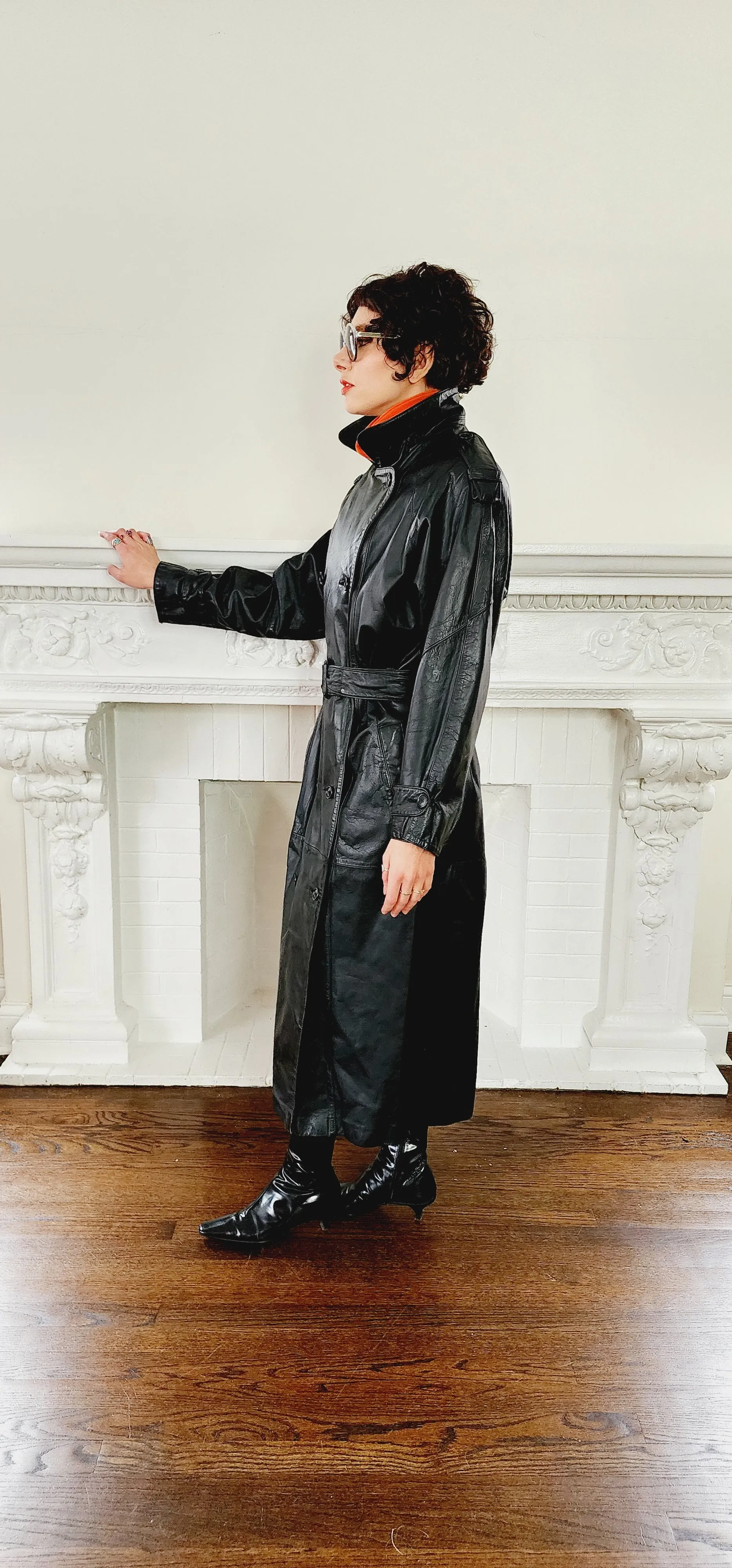 80s Black Leather Coat with Matching Belt Long by Spiegel M