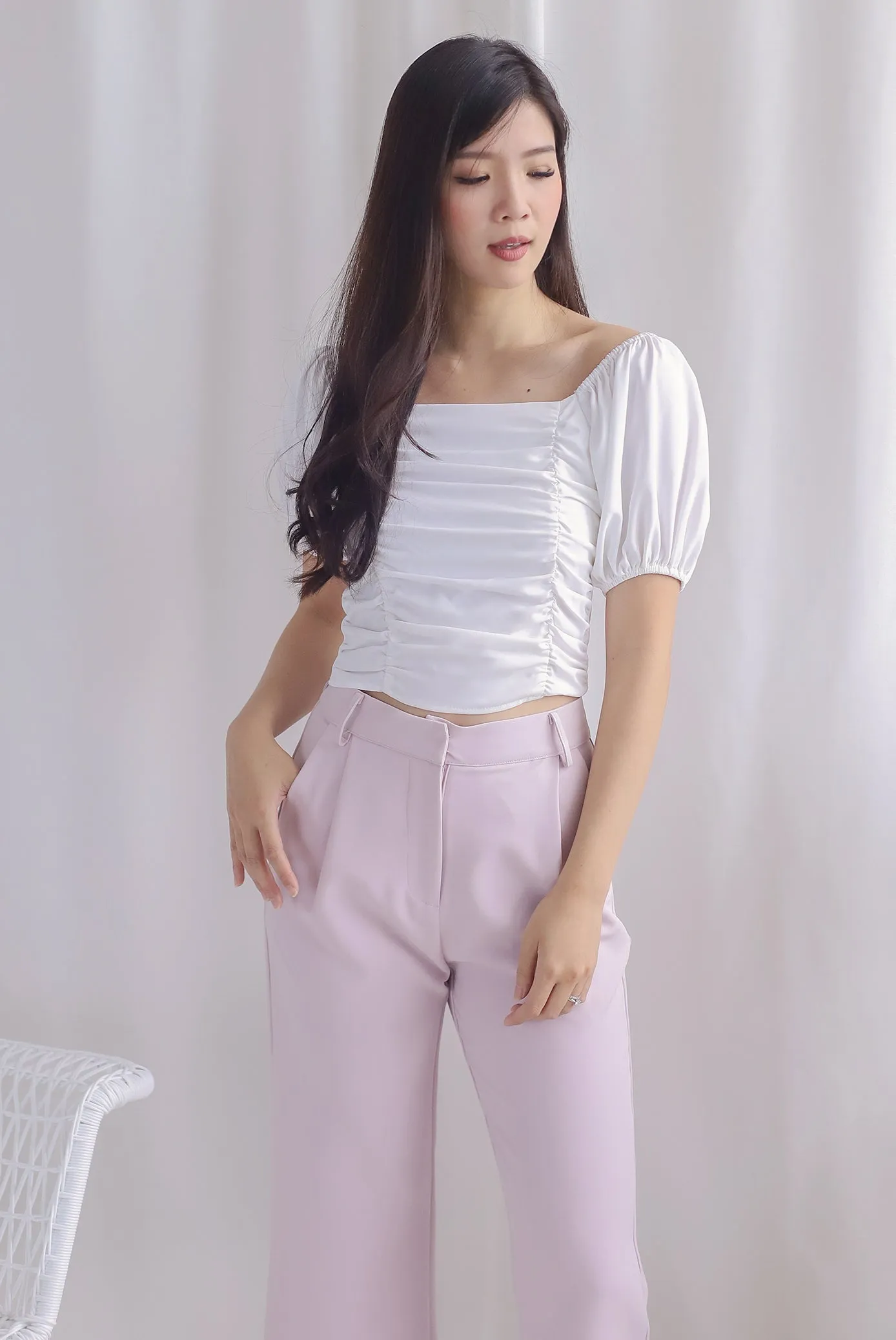 Ailsa Ruched Puffy Sleeve Top In White
