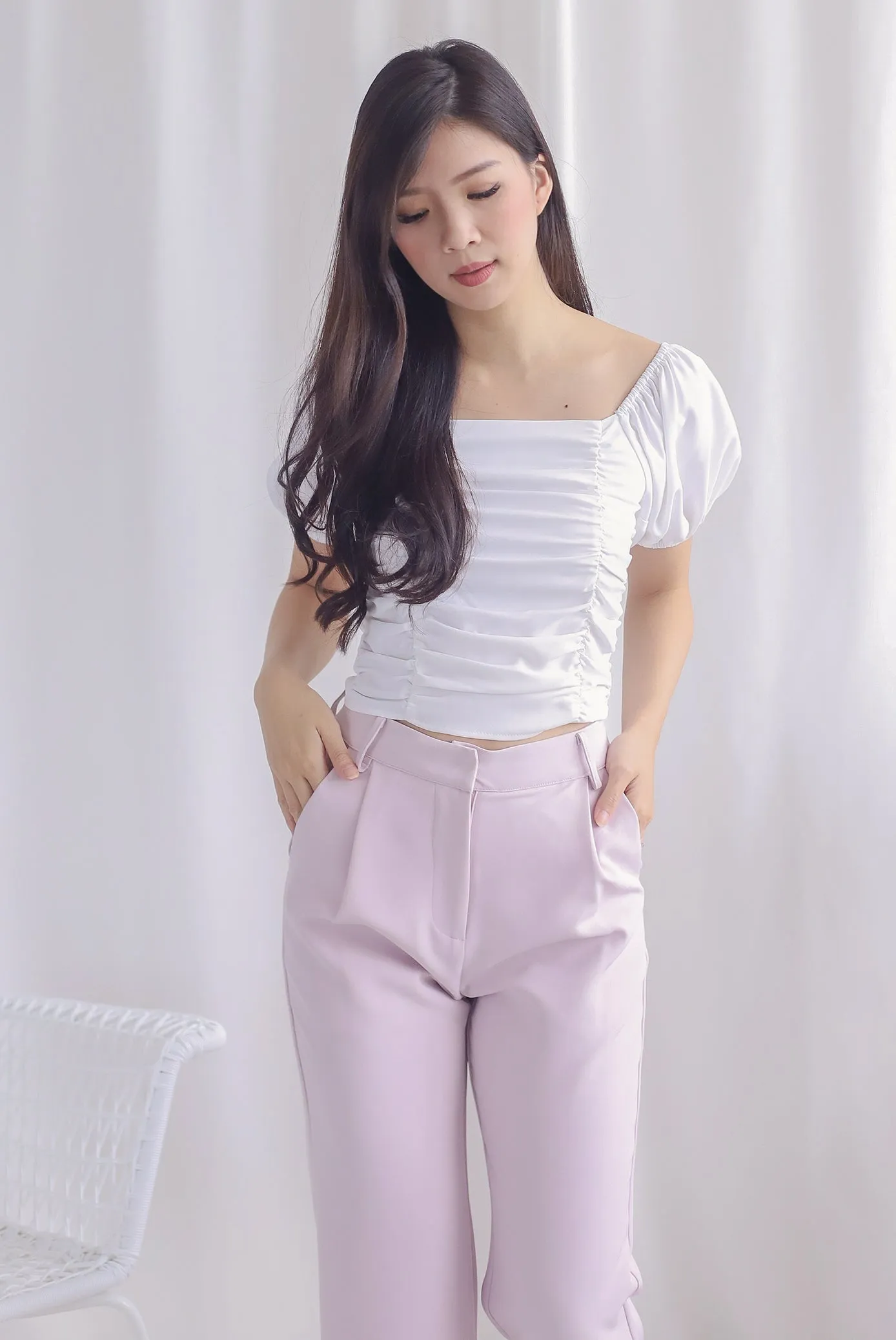 Ailsa Ruched Puffy Sleeve Top In White