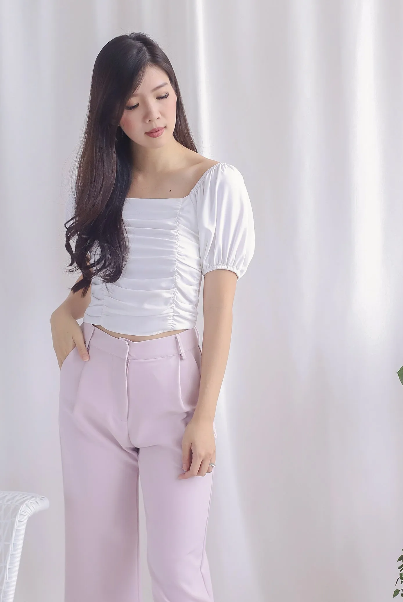 Ailsa Ruched Puffy Sleeve Top In White