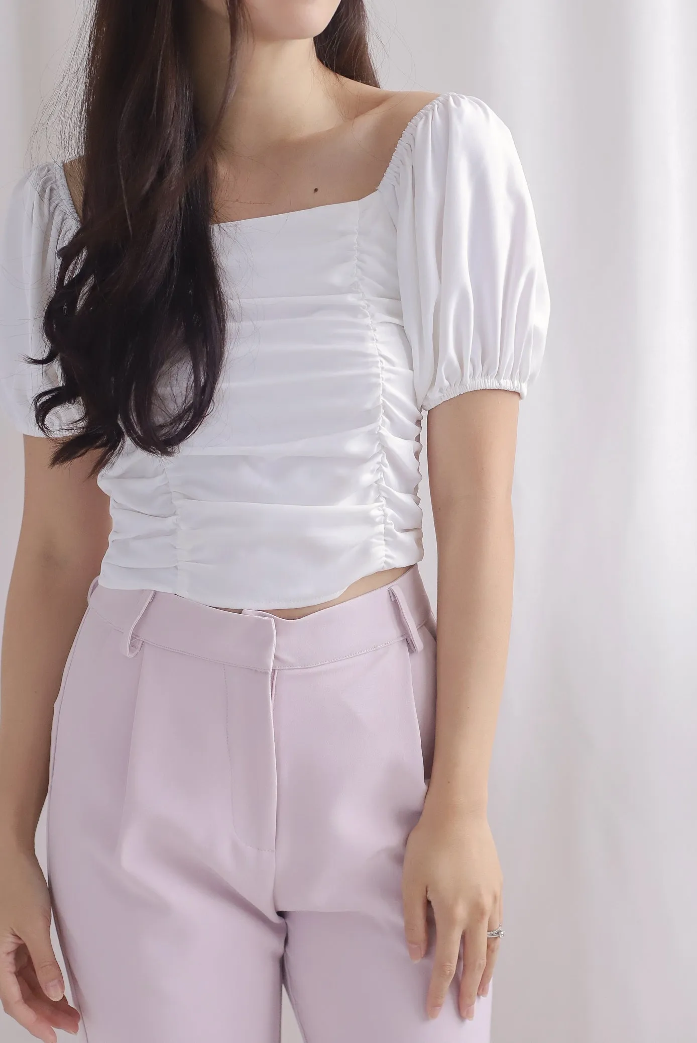 Ailsa Ruched Puffy Sleeve Top In White