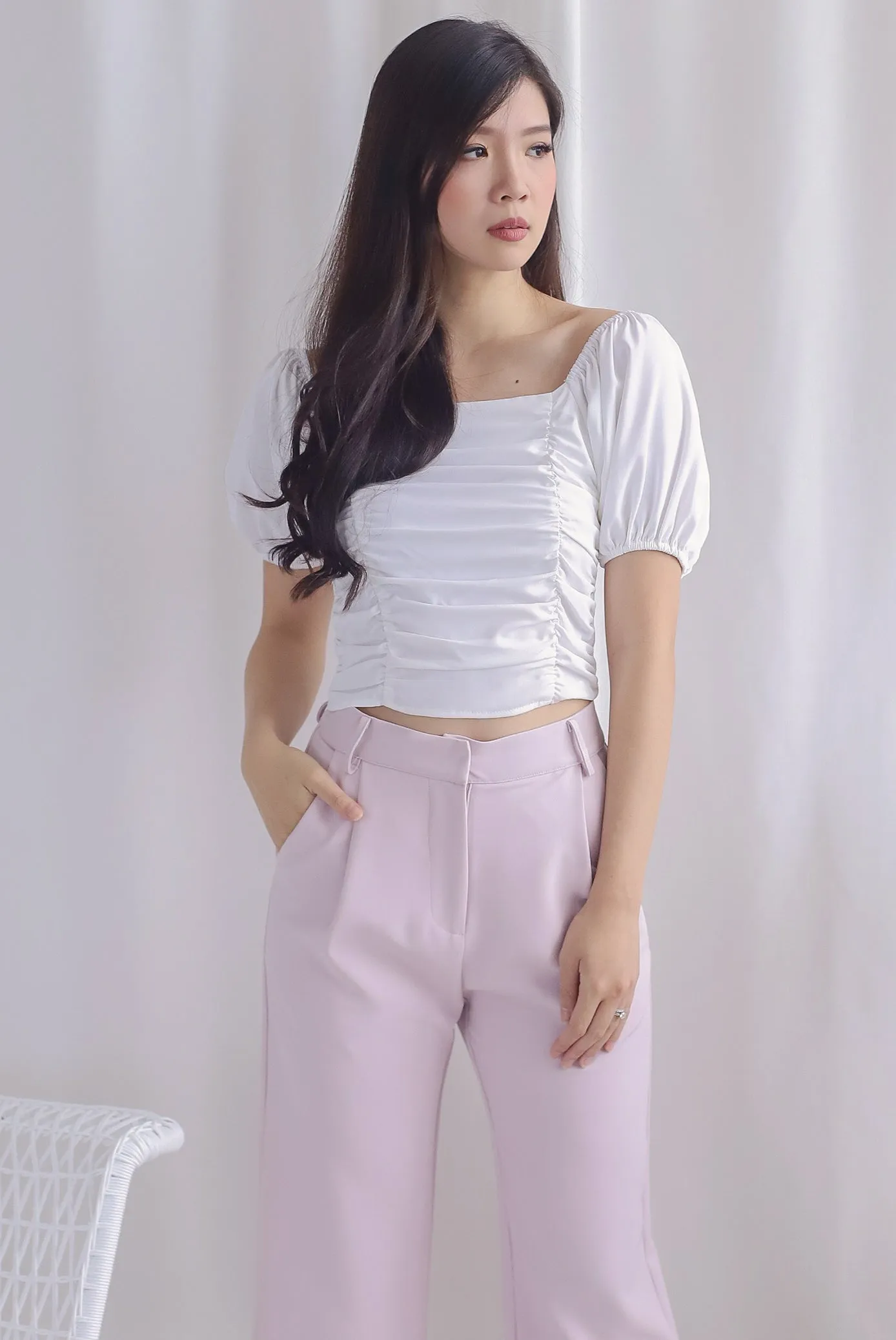 Ailsa Ruched Puffy Sleeve Top In White
