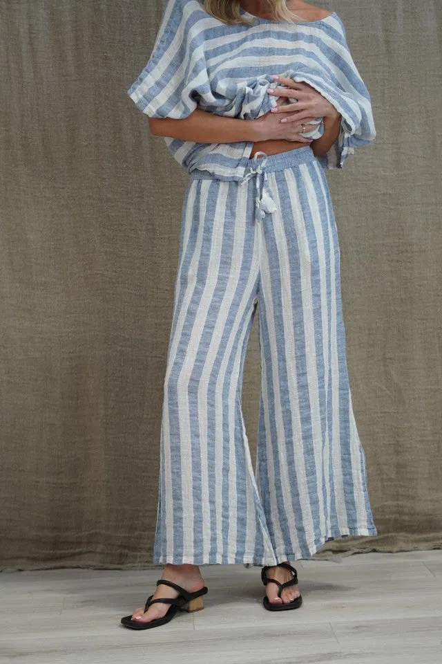 Alessa Wide Leg Pants - Cornflower Blue & White Stripes