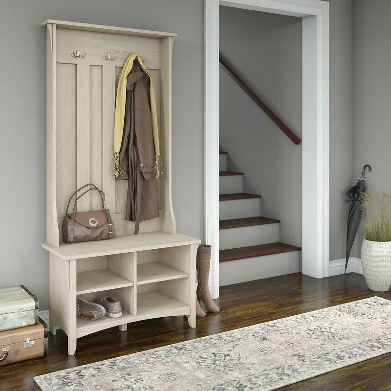 Antique White Large Entryway Coat Rack Storage Shoe Cubby Hall Tree