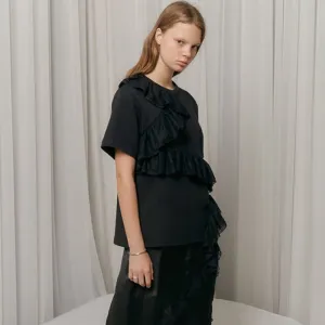 Asymmetric Ruffled And Lace Trimmed Cotton Jersey Top