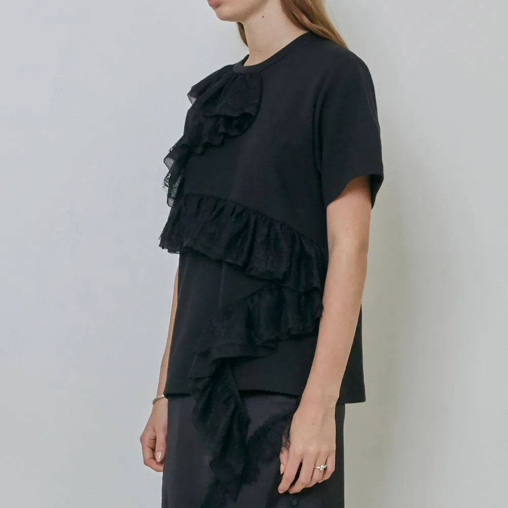 Asymmetric Ruffled And Lace Trimmed Cotton Jersey Top