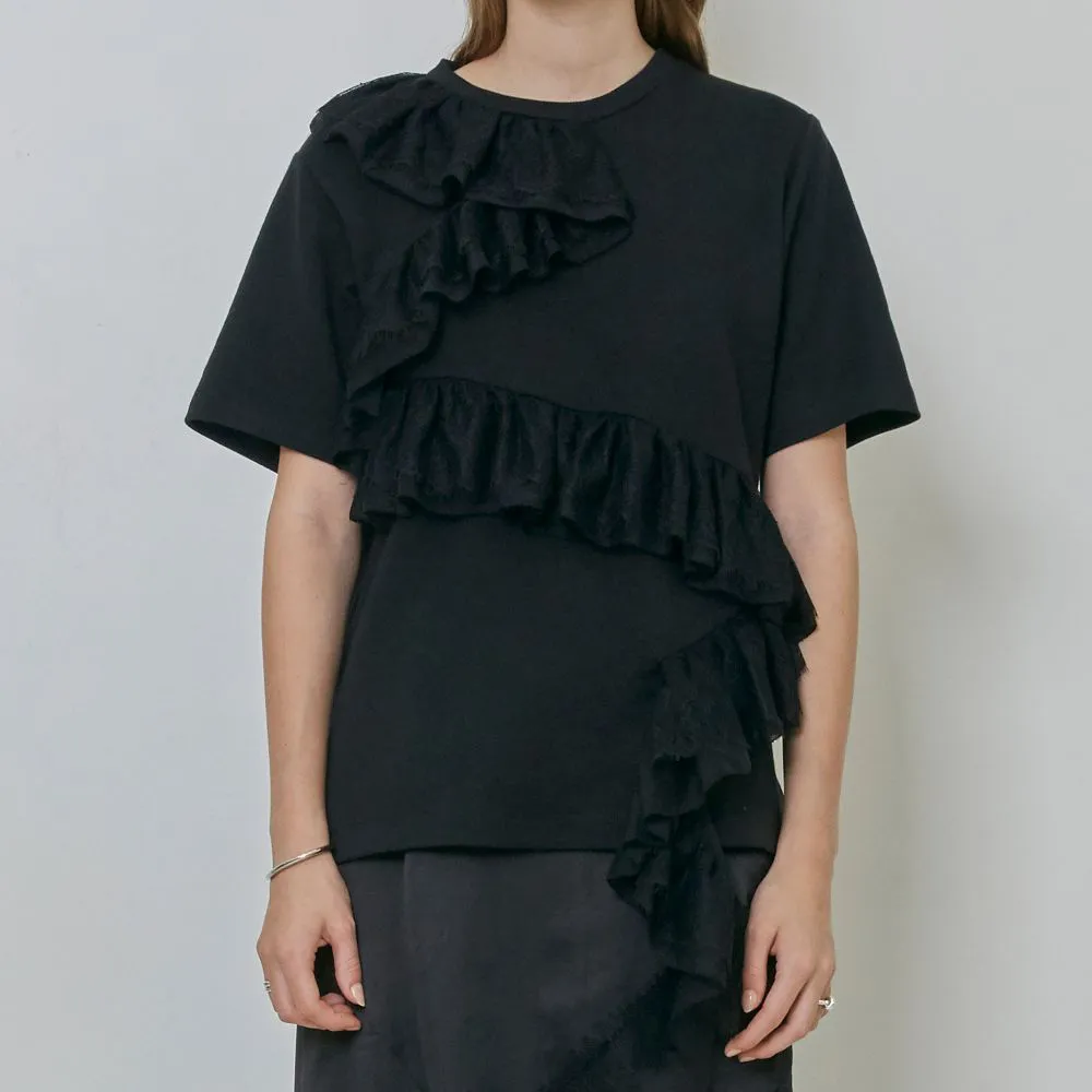 Asymmetric Ruffled And Lace Trimmed Cotton Jersey Top