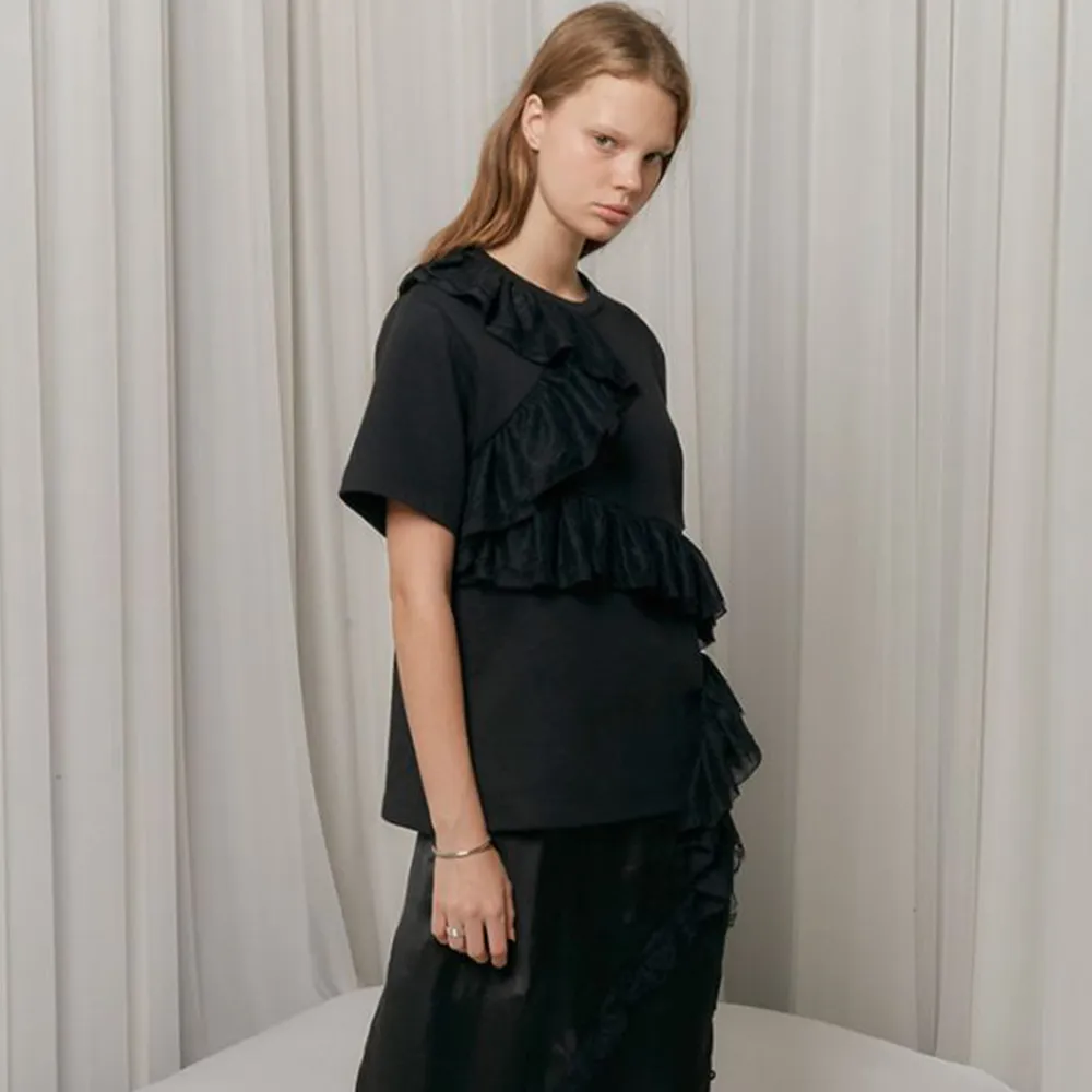 Asymmetric Ruffled And Lace Trimmed Cotton Jersey Top