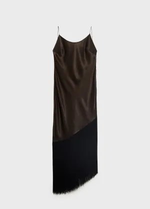 Asymmetrical satin dress with fringes