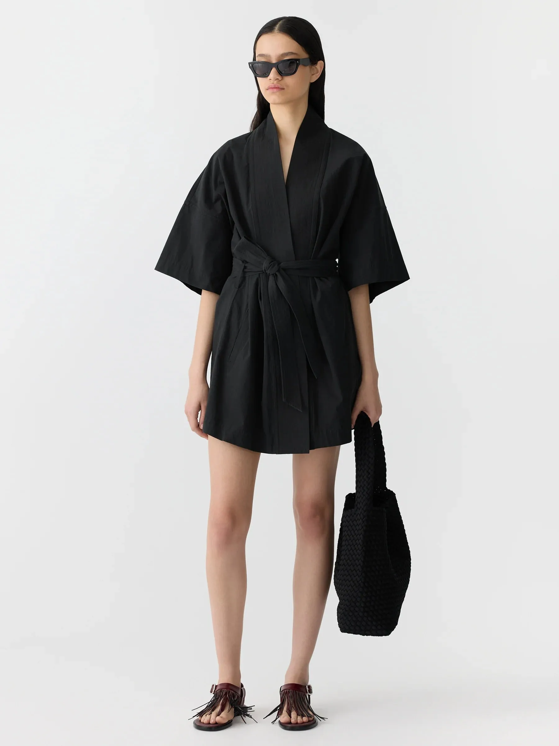 Bassike Crushed Cotton Wrap Dress in Black