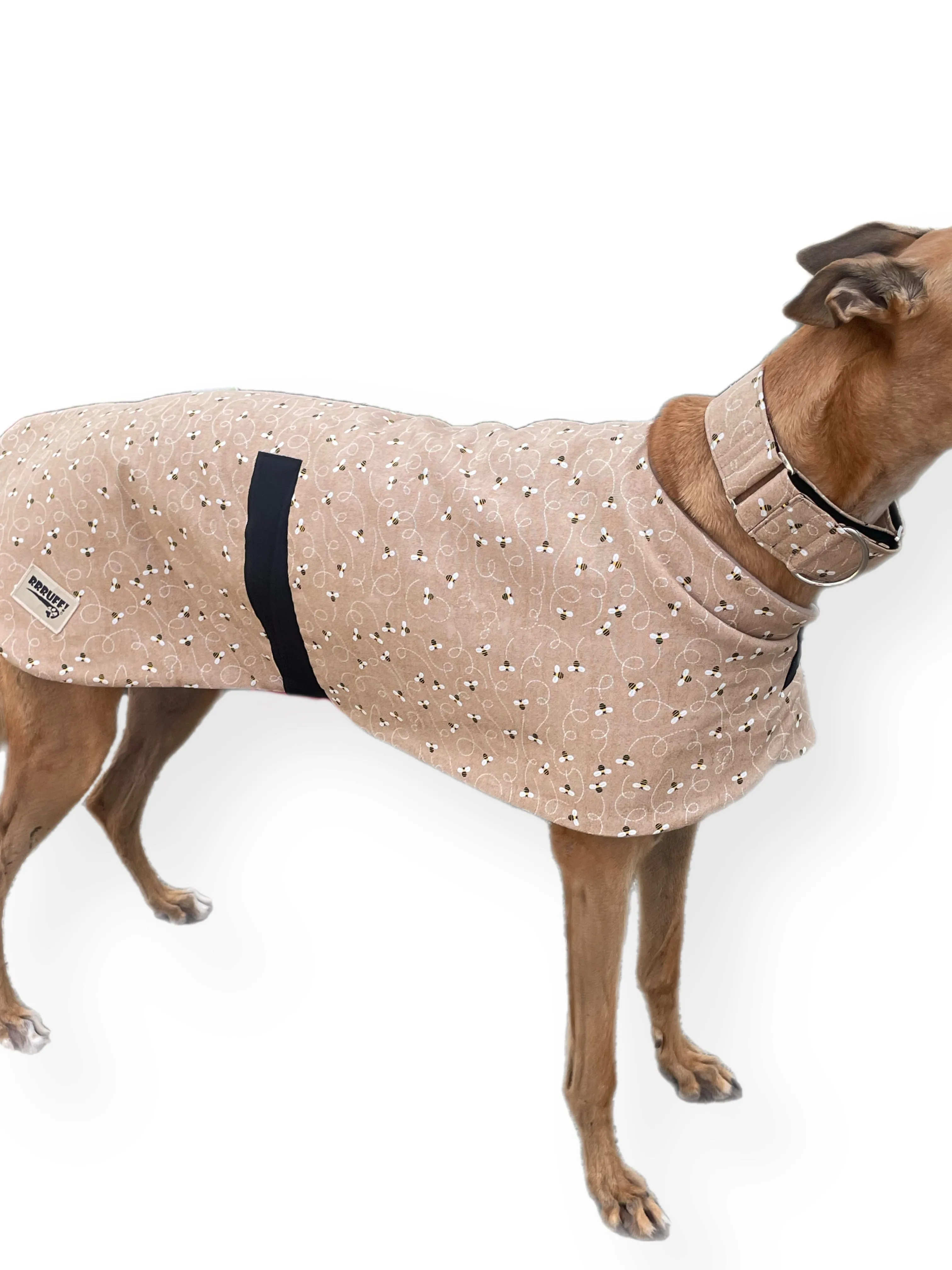 Bee happy in beige Autumn range classic style Greyhound coat in cotton & fleece washable