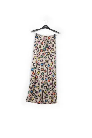 Beige wide-leg pants with multicolor leopard print