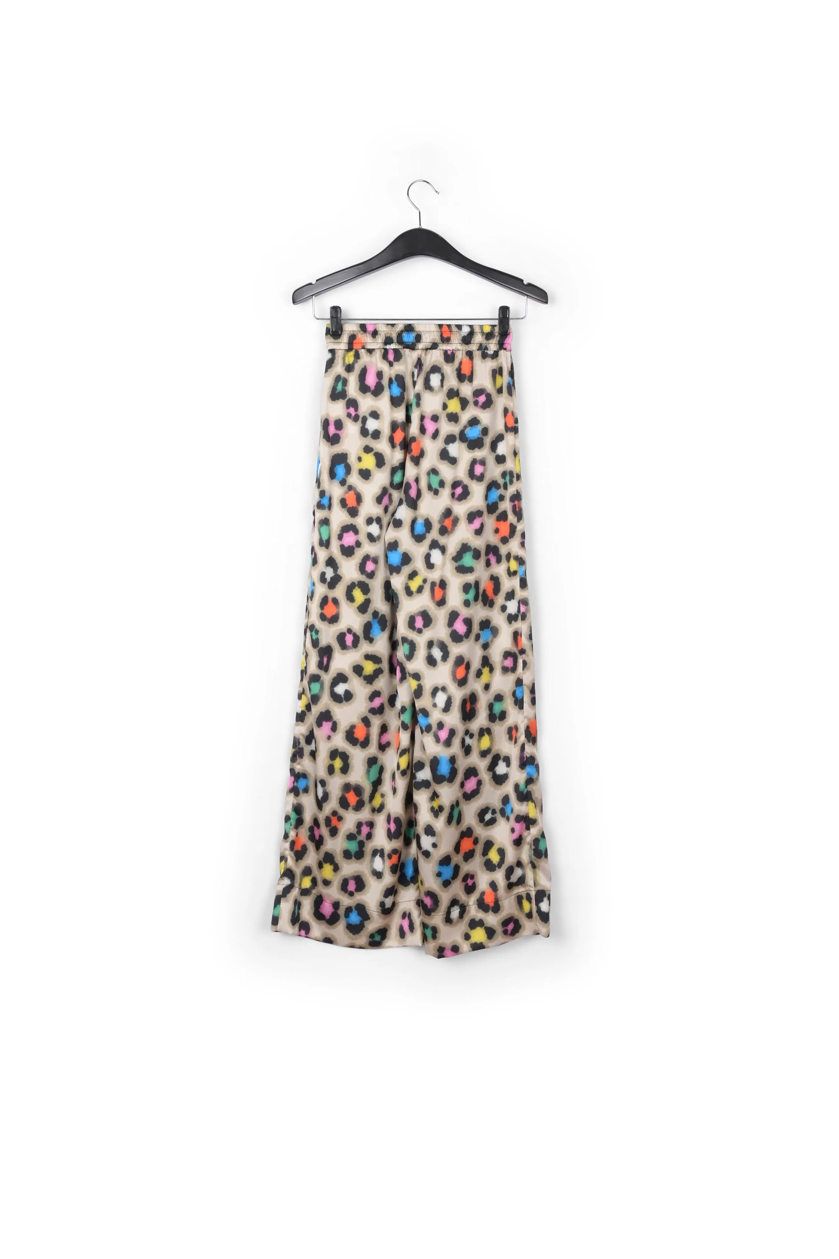 Beige wide-leg pants with multicolor leopard print