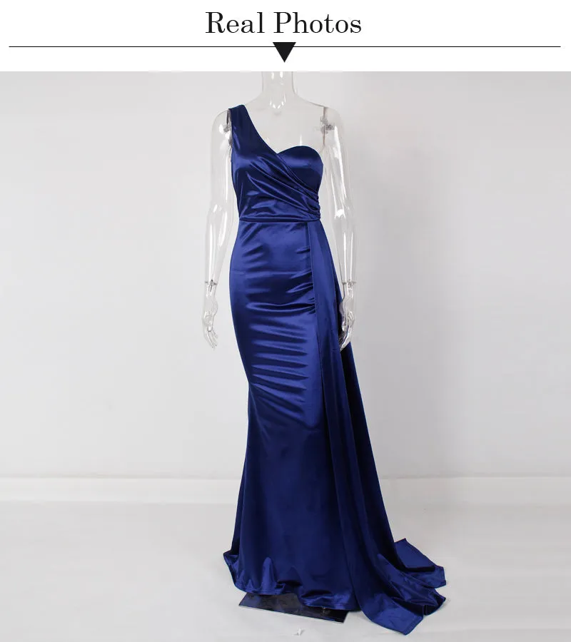 BerryBetty - One Shoulder Padded Sexy Satin Maxi Dress Women's Evening Party Dress Gown with Ribbon Royal Blue Green Draped Long Dress