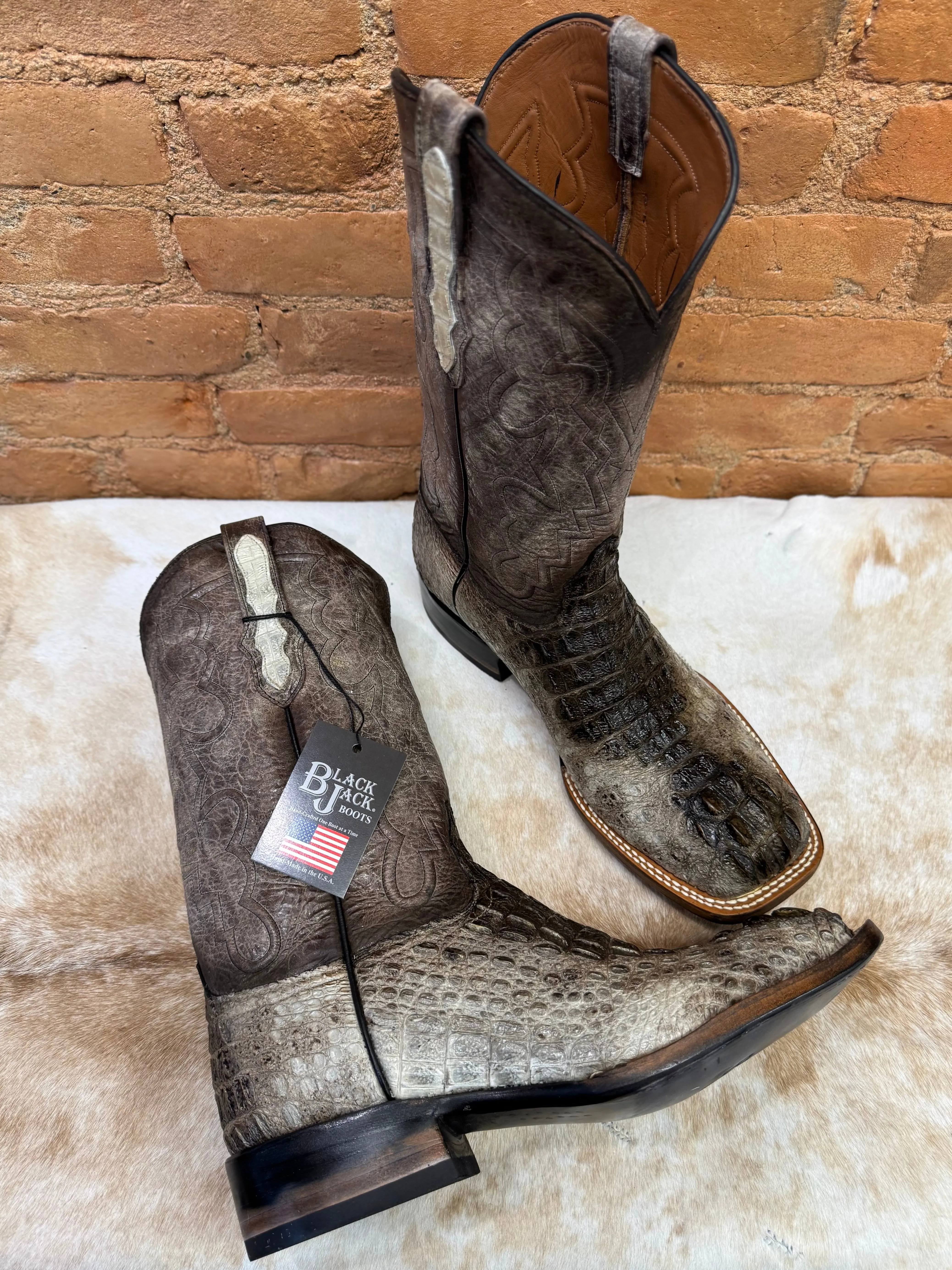 Black Jack Men’s Natural Caiman Hornback Square Toe Western Cowboy Boots NT-7721-96