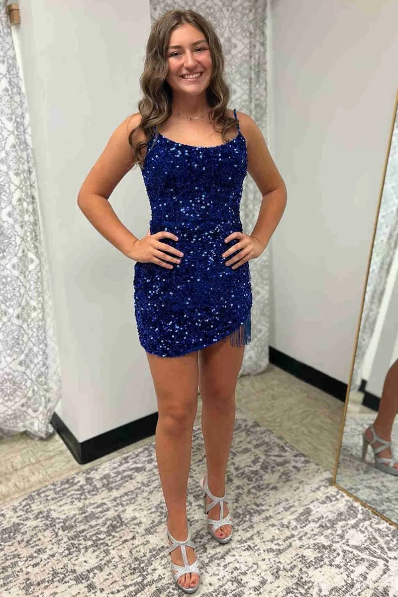 Bodycon Spaghetti Straps Sequins Homecoming Dresses with Tassel