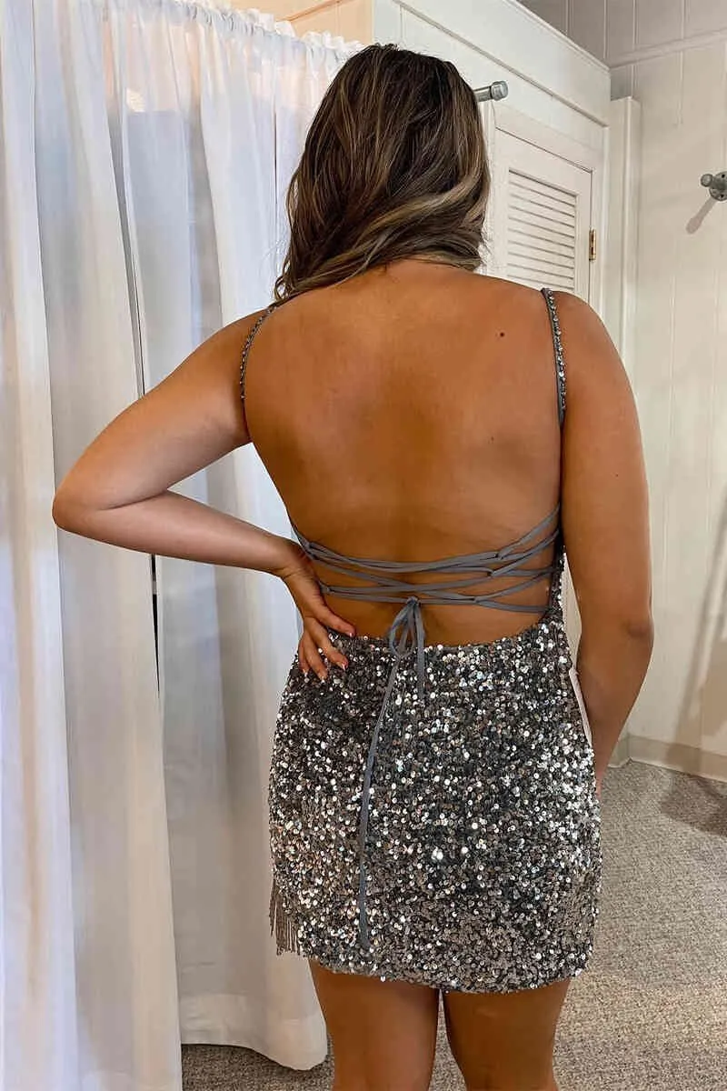 Bodycon Spaghetti Straps Sequins Homecoming Dresses with Tassel