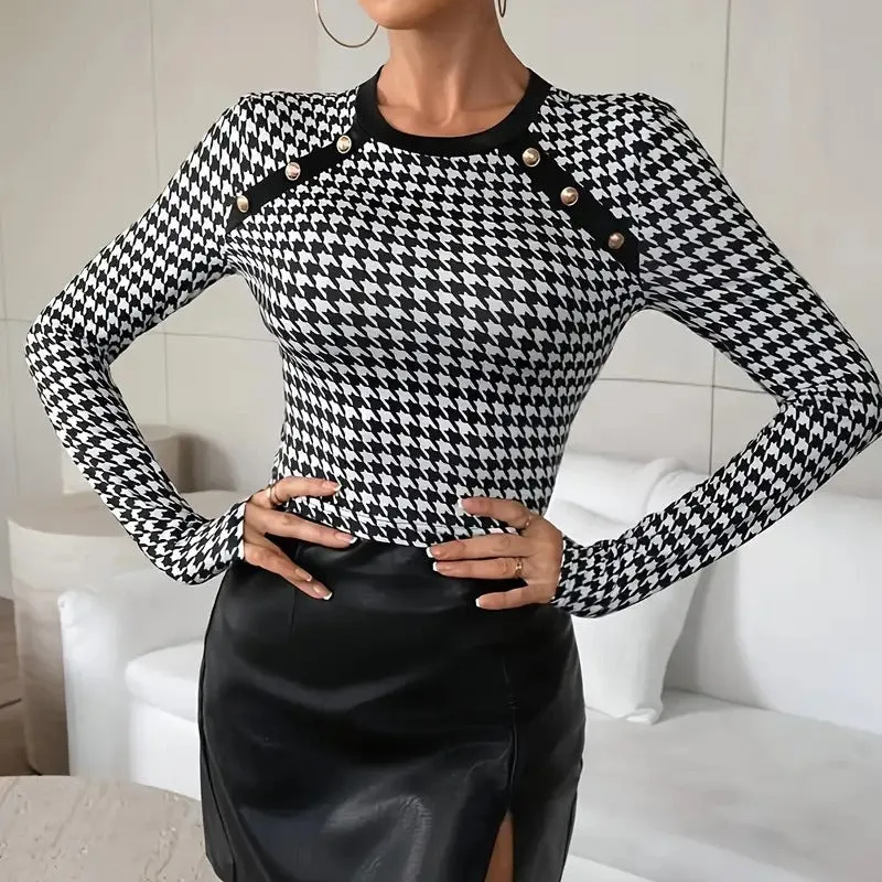 Bold Houndstooth Button Accent Long-Sleeve Top Design