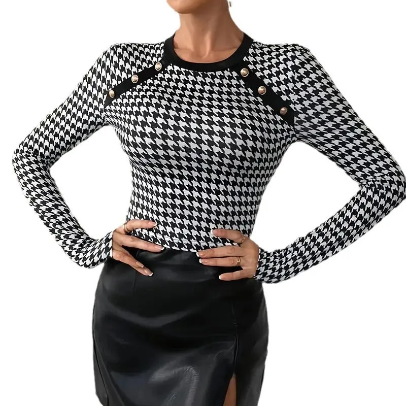 Bold Houndstooth Button Accent Long-Sleeve Top Design