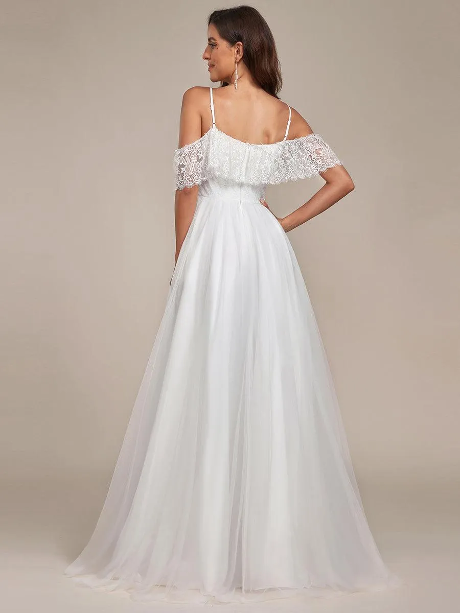 Bretelles Spaghetti Épaule Froide Robe De Mariée En Dentelle Haute Basse