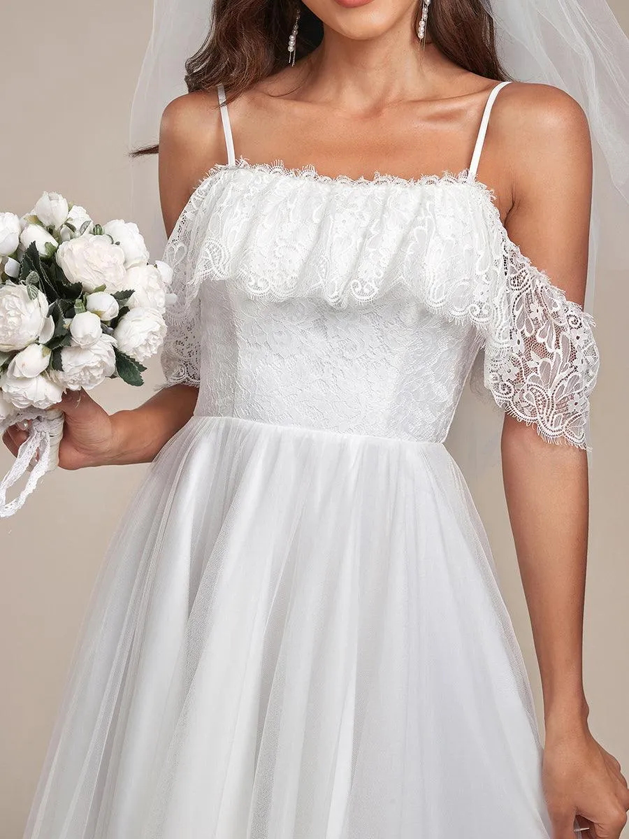 Bretelles Spaghetti Épaule Froide Robe De Mariée En Dentelle Haute Basse