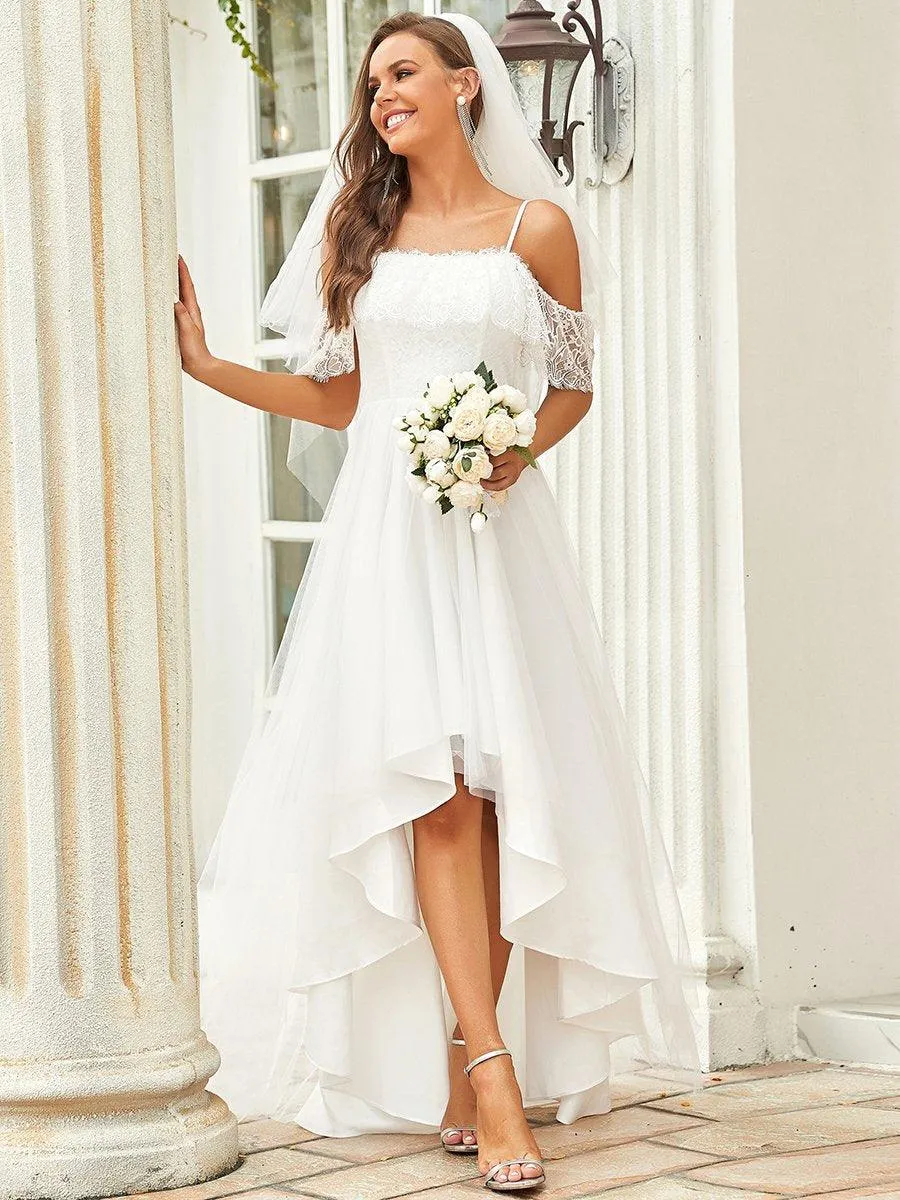 Bretelles Spaghetti Épaule Froide Robe De Mariée En Dentelle Haute Basse