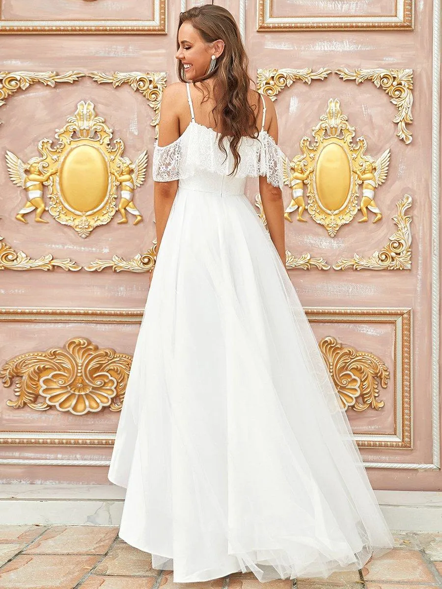 Bretelles Spaghetti Épaule Froide Robe De Mariée En Dentelle Haute Basse