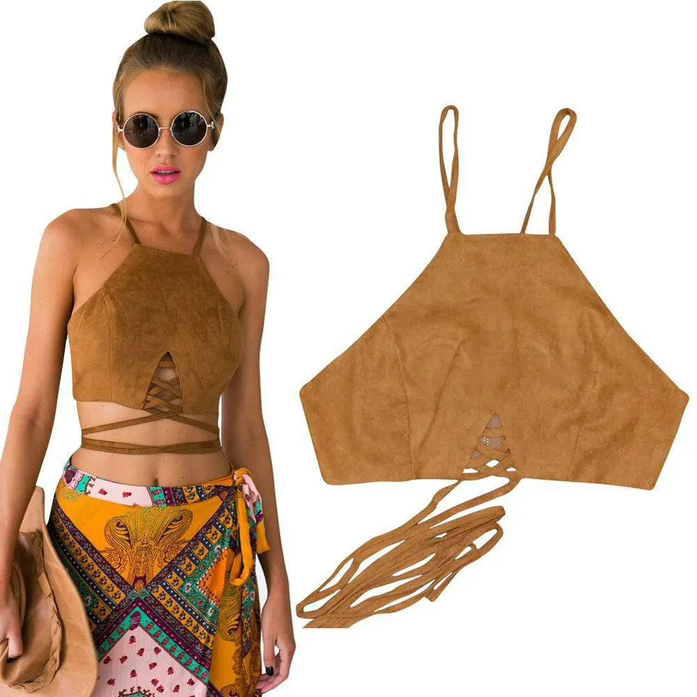 Brown Faux Leather Suede Tank Top Lace Up Camis Women Tops Slim Cami Party Crop Top Fall Vest