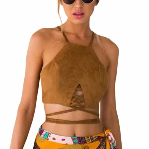 Brown Faux Leather Suede Tank Top Lace Up Camis Women Tops Slim Cami Party Crop Top Fall Vest