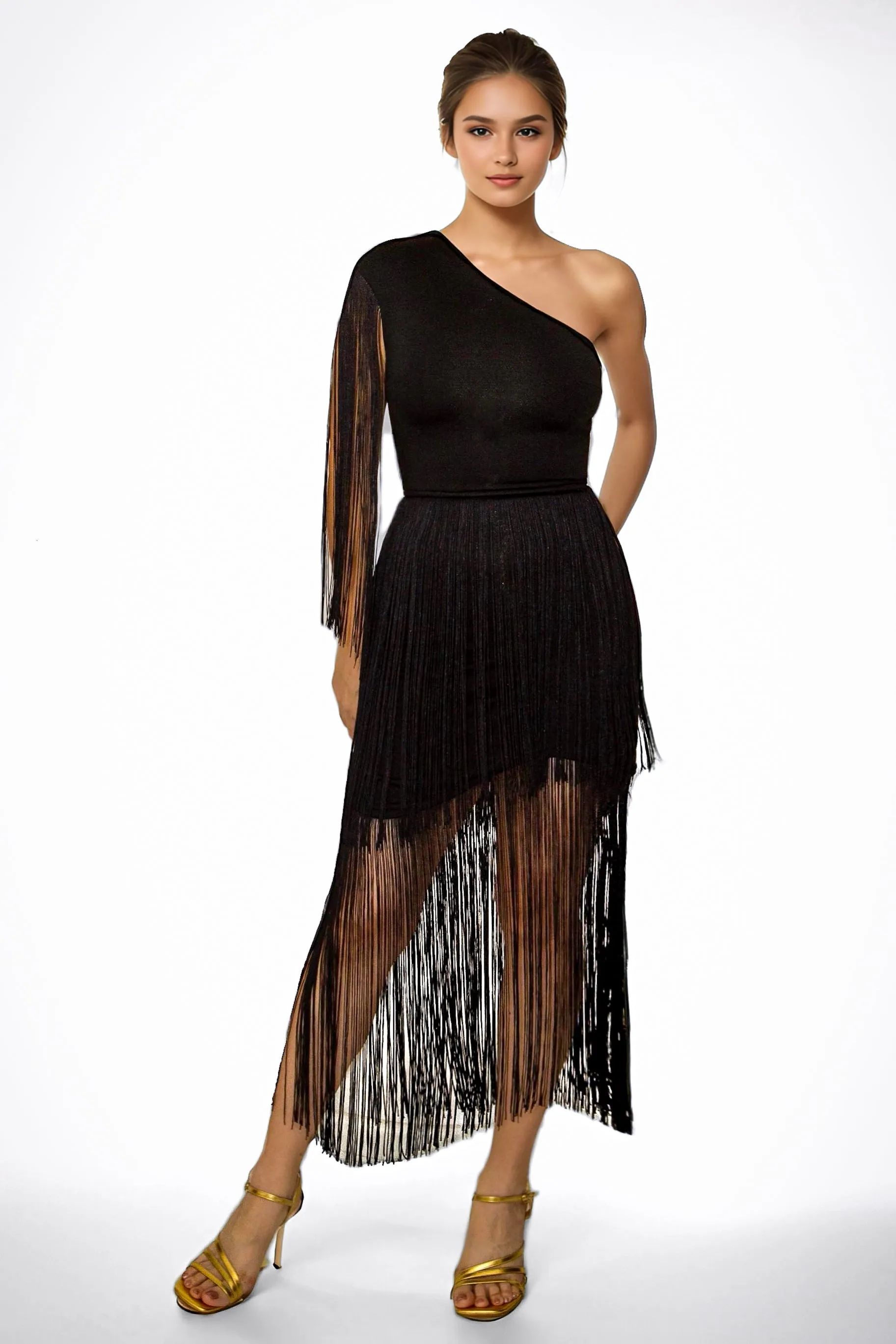 Chaser Fringe Asymmetrical Black Dress
