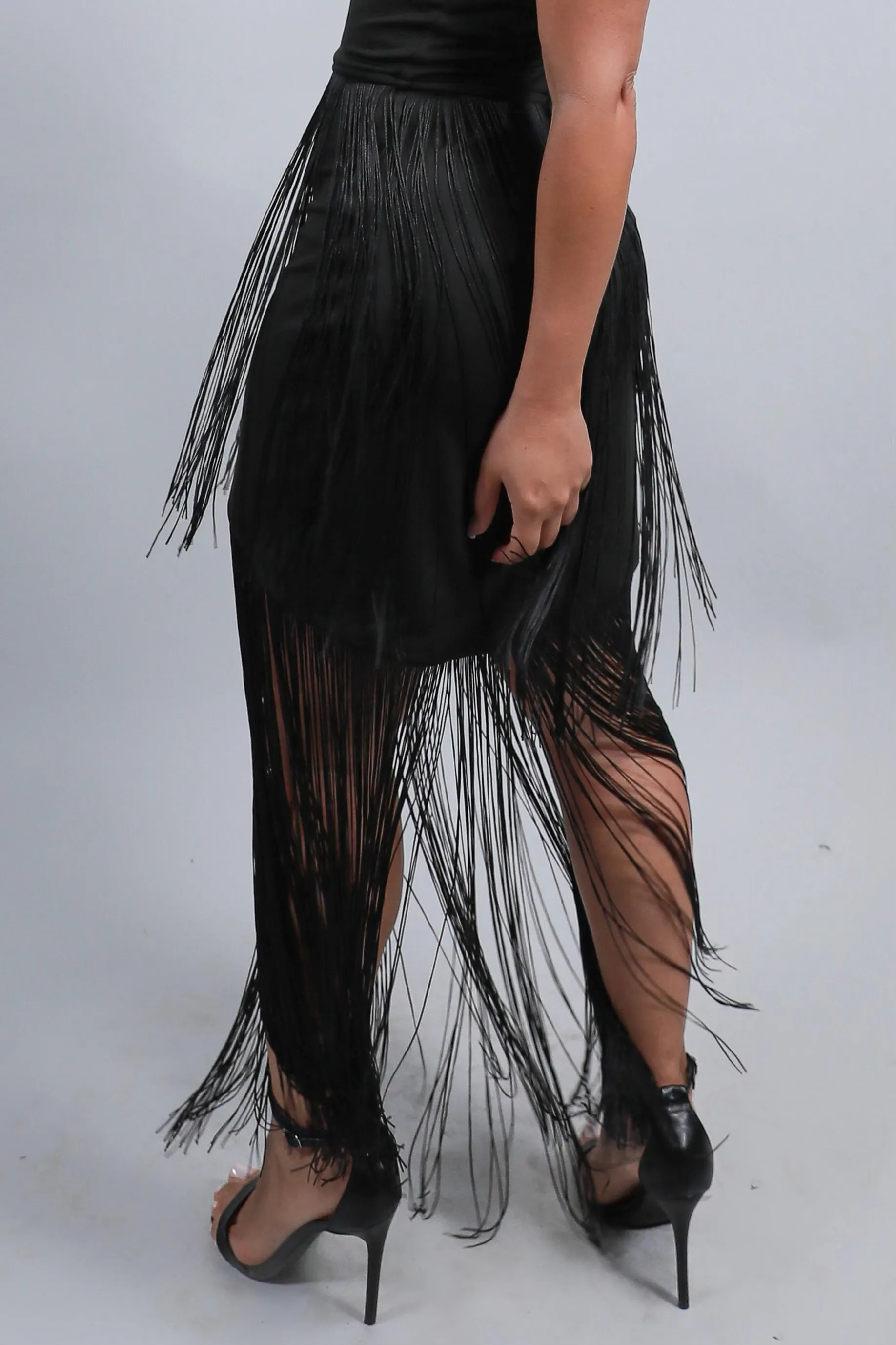 Chaser Fringe Asymmetrical Black Dress